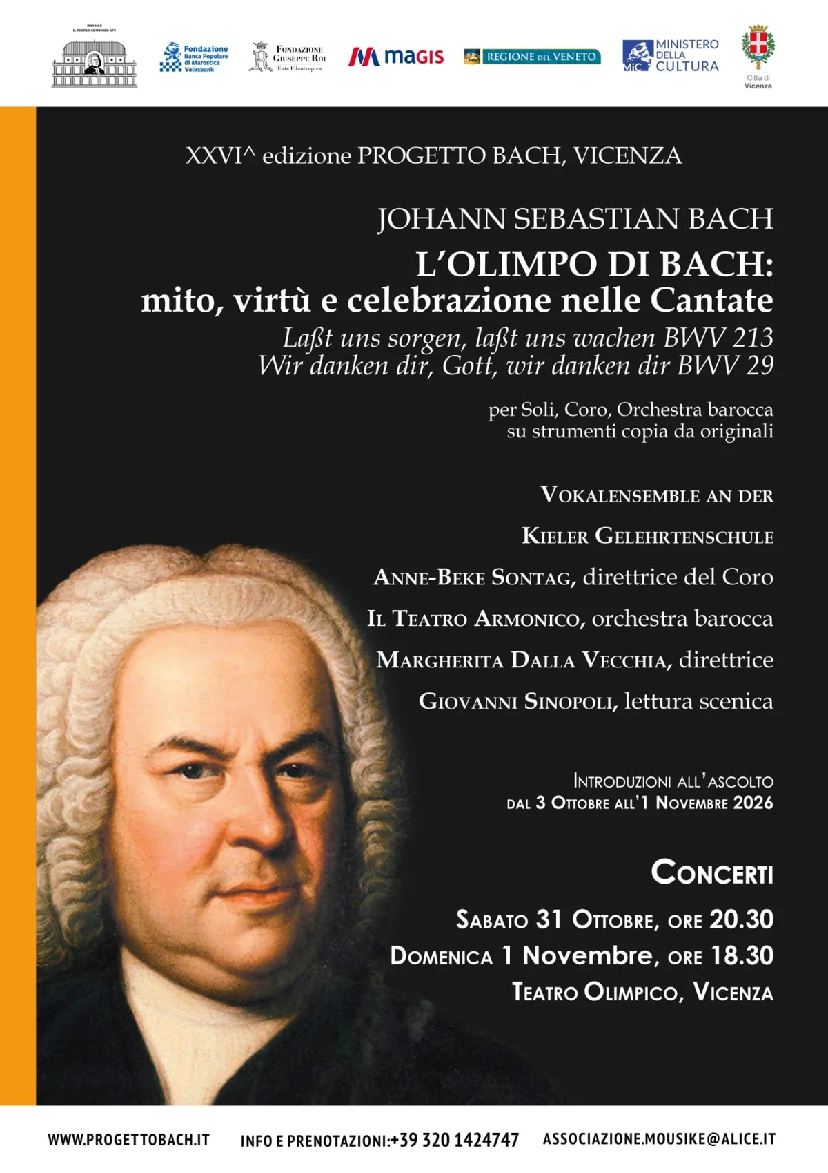 L'Olimpo di Bach: mito, virtù e celebrazione nelle Cantate BWV 213 e BWV 29, Teatro Olimpico di Vicenza, 31 ottobre e 1 novembre 2026